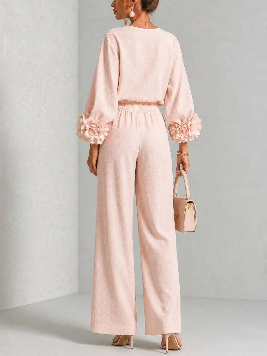 Women's Floral Cuff Set with Balloon Sleeves & Wide-Leg Pants - Back Full Body