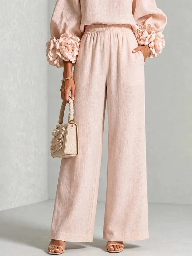 Women's Floral Cuff Set with Balloon Sleeves & Wide-Leg Pants - Close Up Waist Detail
