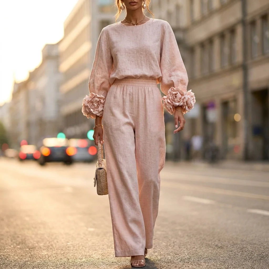 Pink Women's Floral Cuff Set with Balloon Sleeves & Wide-Leg Pants - Front Full Outdoor