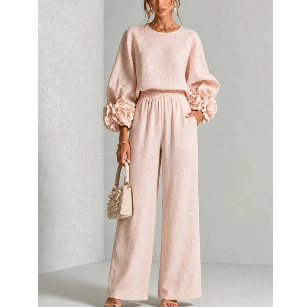 Women's Floral Cuff Set with Balloon Sleeves & Wide-Leg Pants - Front Pose Bag