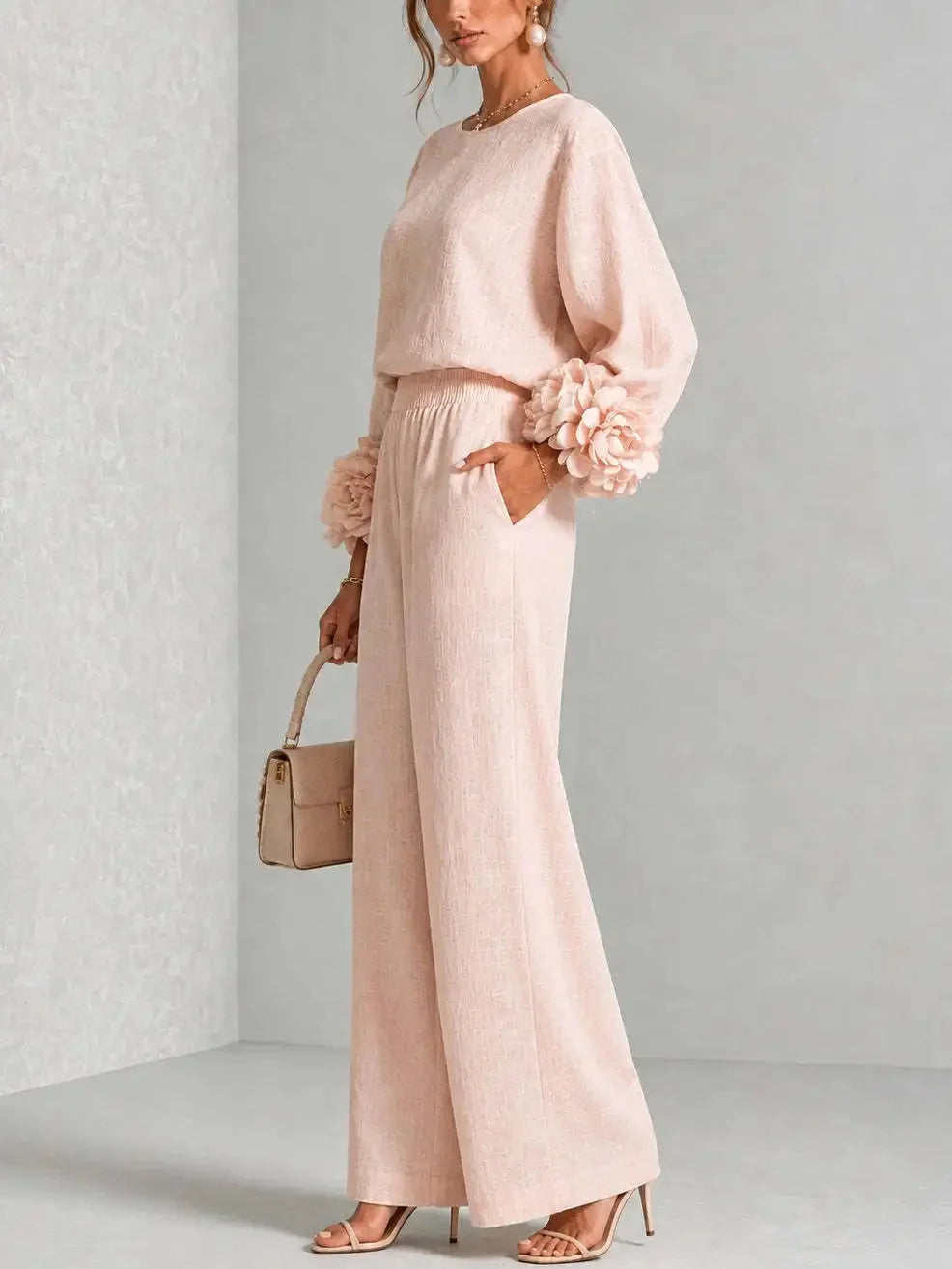 Women's Floral Cuff Set with Balloon Sleeves & Wide-Leg Pants - Side Pose Walking