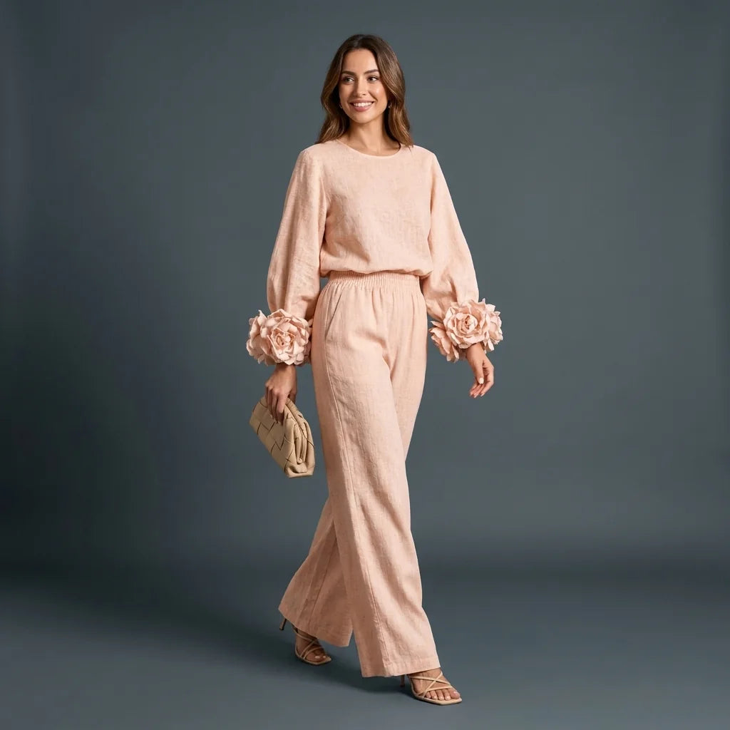 Women's Floral Cuff Set with Balloon Sleeves & Wide-Leg Pants - Studio Full Body
