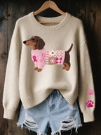 Beige Women's Dachshund Patchwork Knit Sweater with Crew Neck