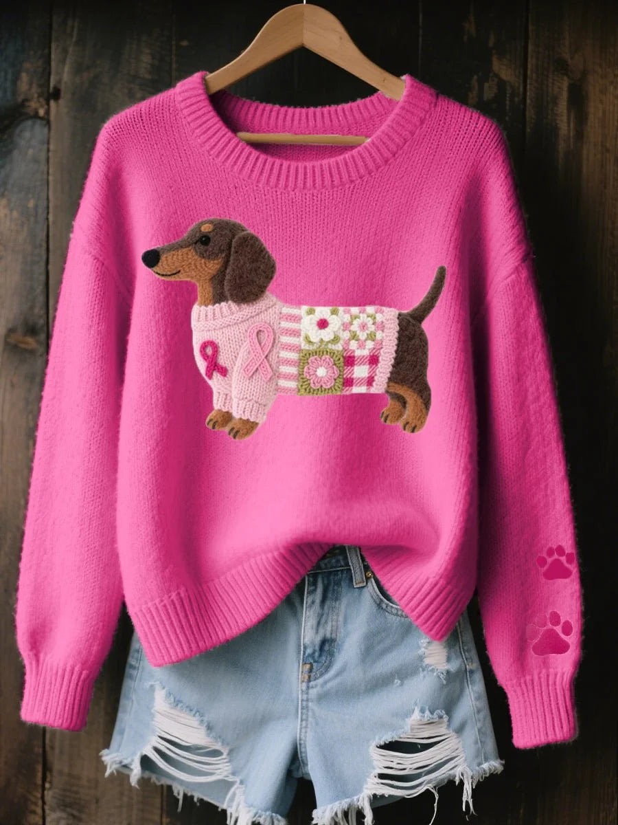 Dark Pink Women's Dachshund Patchwork Knit Sweater with Crew Neck