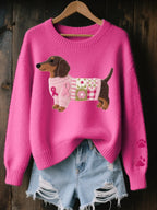 Dark Pink Women's Dachshund Patchwork Knit Sweater with Crew Neck