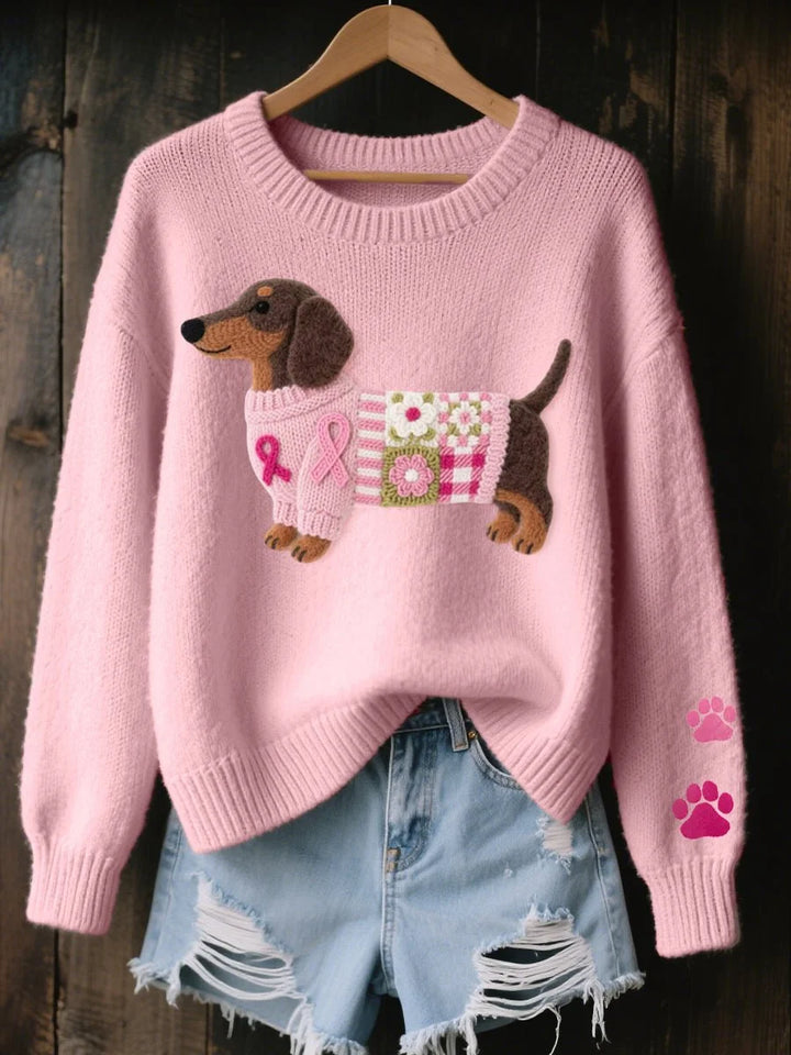 Pink Women's Dachshund Patchwork Knit Sweater with Crew Neck