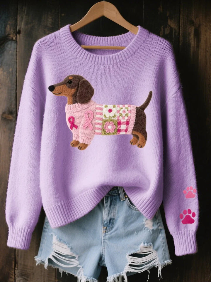 Purple Women's Dachshund Patchwork Knit Sweater with Crew Neck