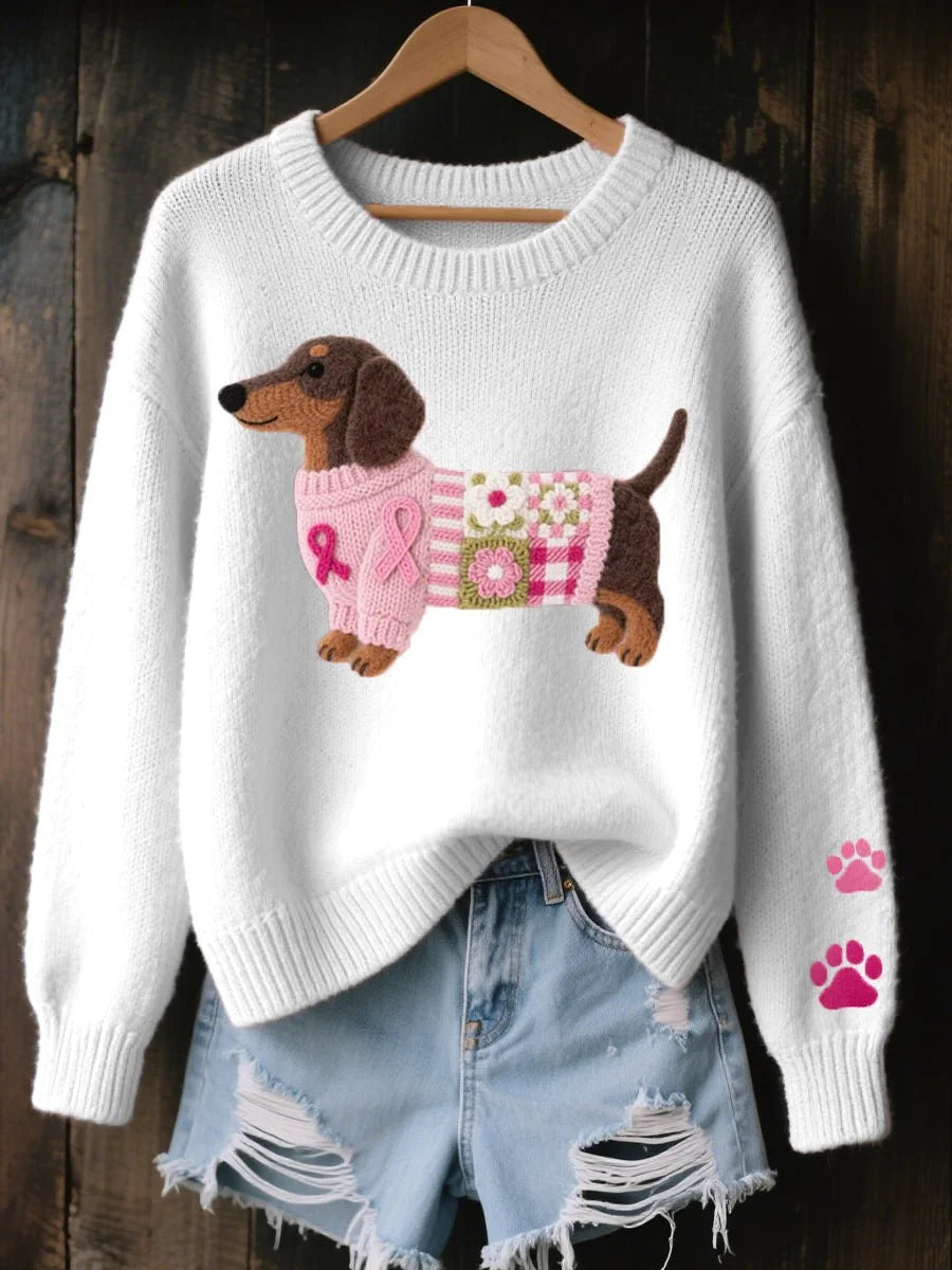 White Women's Dachshund Patchwork Knit Sweater with Crew Neck