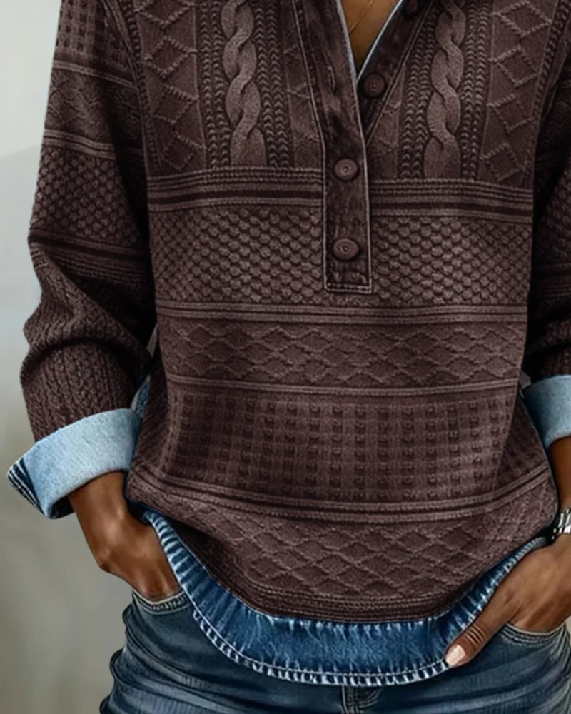 Women's Denim Look Sweatshirt with Cable Knit Texture & Button Placket - Close Up Buttons