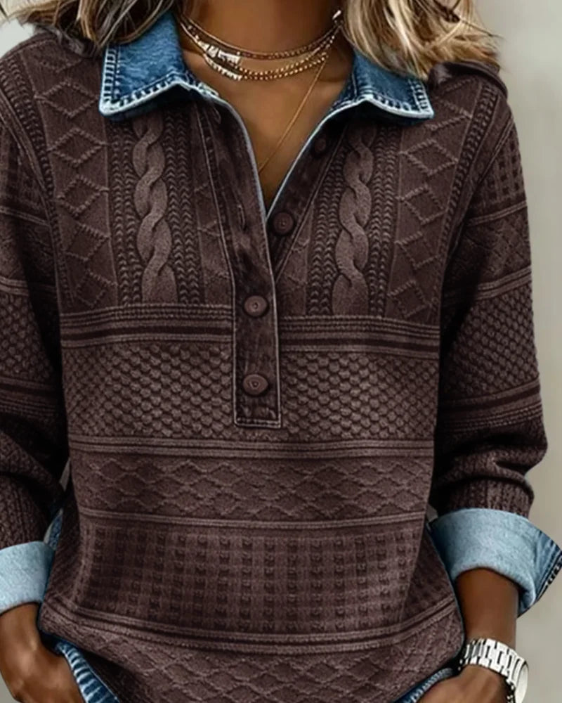 Women's Denim Look Sweatshirt with Cable Knit Texture & Button Placket - Close Up Neckline