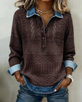Dark Brown Women's Denim Look Sweatshirt with Cable Knit Texture & Button Placket - Front View