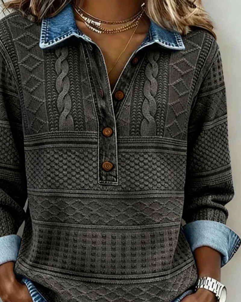 Women's Denim Look Sweatshirt with Cable Knit Texture & Button Placket - Close Up Collar