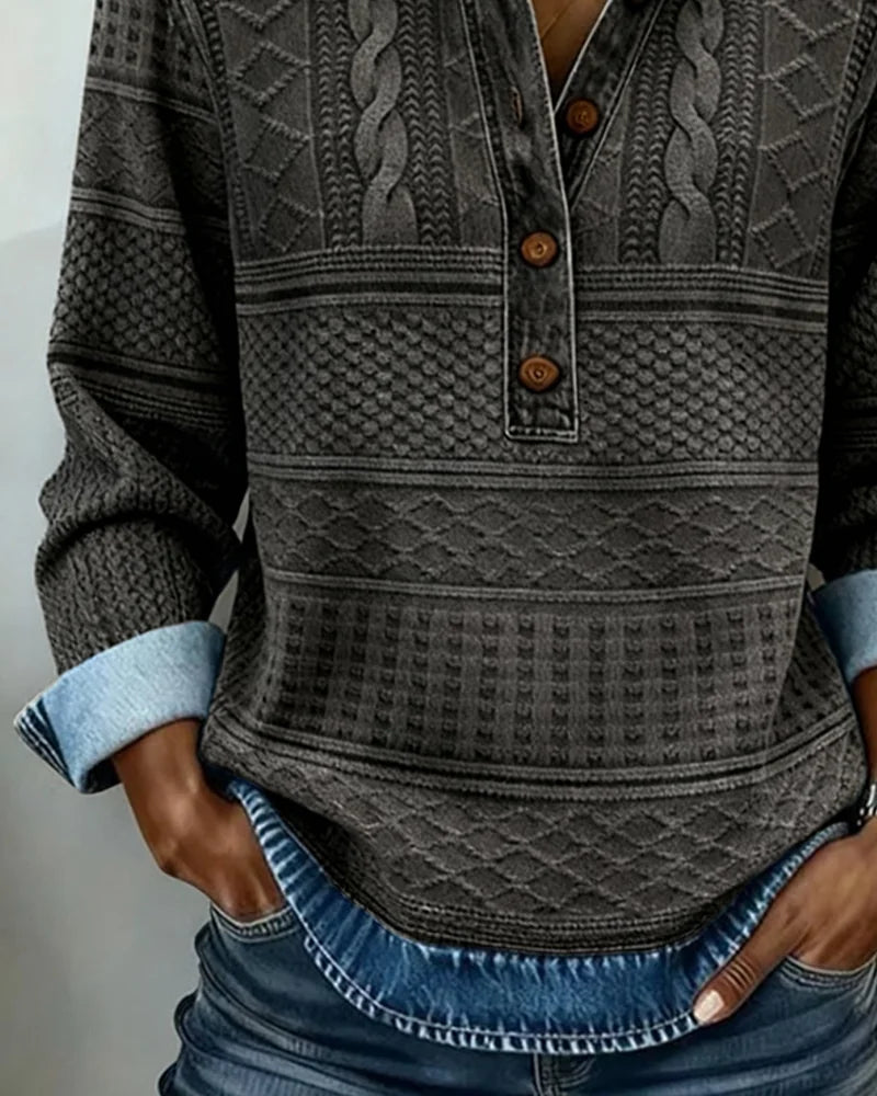 Women's Denim Look Sweatshirt with Cable Knit Texture & Button Placket - Close Up Texture