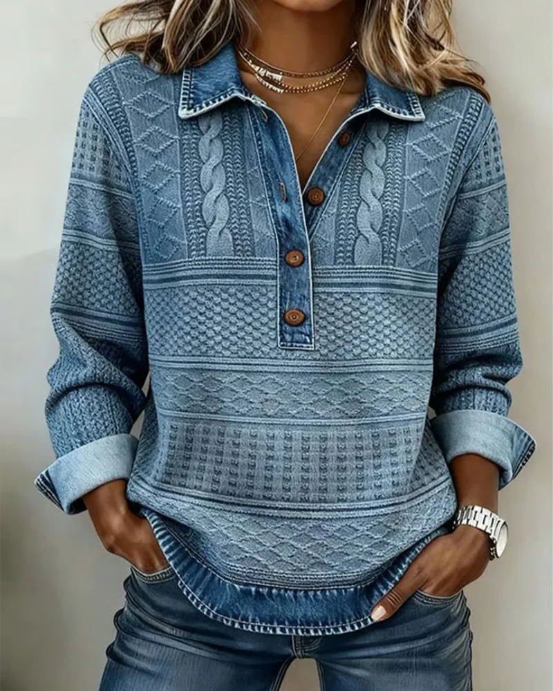 Ocean Blue Women's Denim Look Sweatshirt with Cable Knit Texture & Button Placket - Front Full