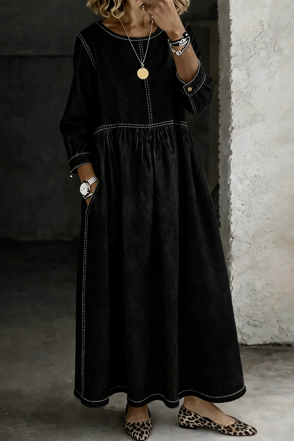 Black Women's Denim Dress with Round Neck, Long Sleeves & Relaxed Fit