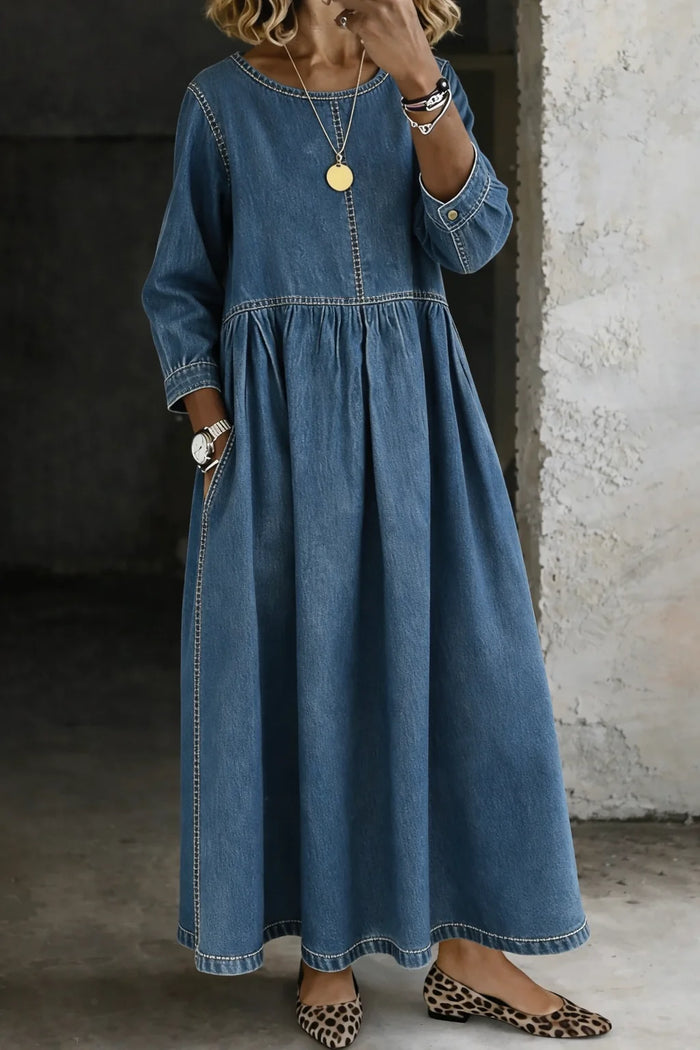 Blue Women's Denim Dress with Round Neck, Long Sleeves & Relaxed Fit