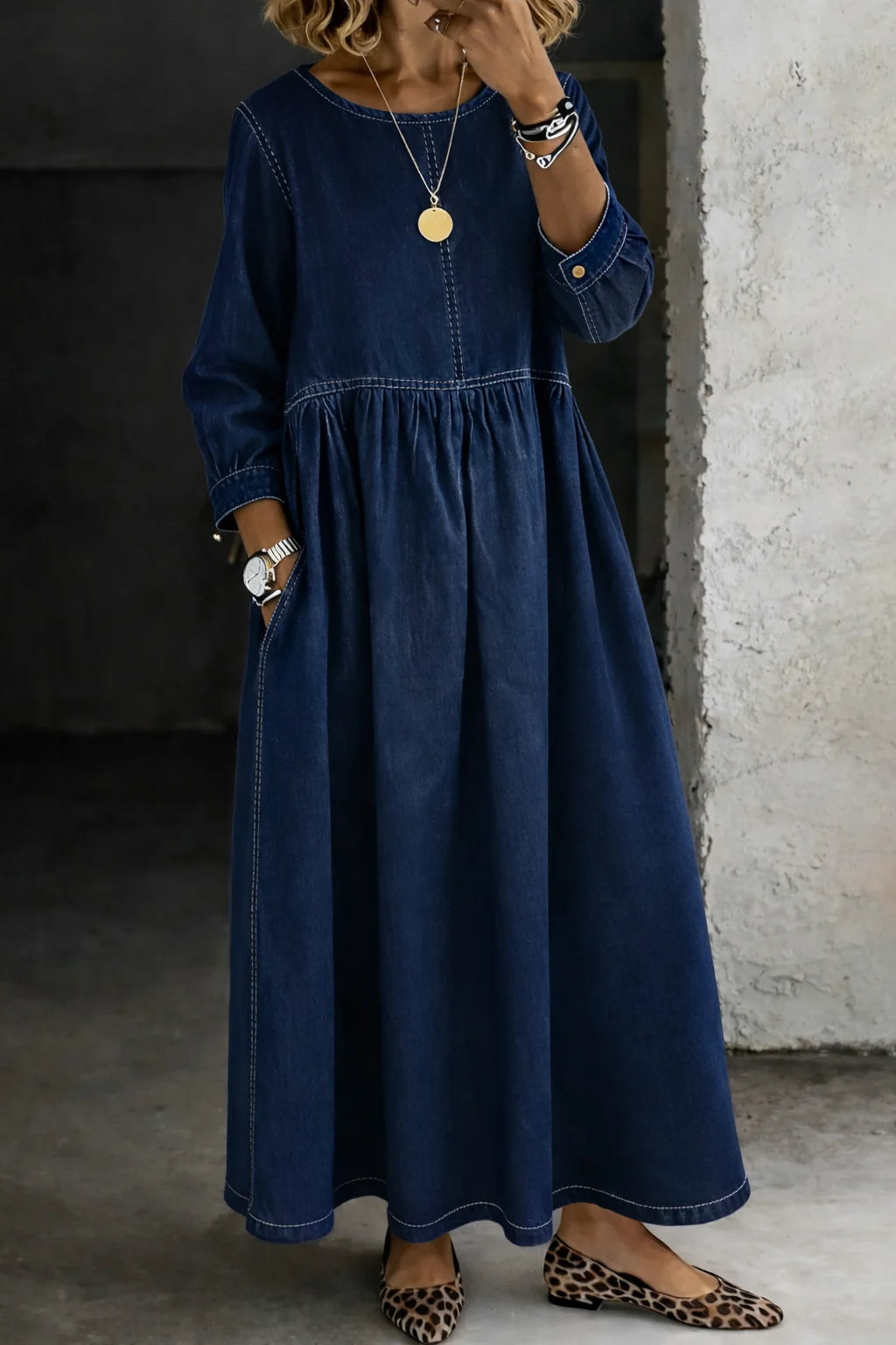 Navy Women's Denim Dress with Round Neck, Long Sleeves & Relaxed Fit