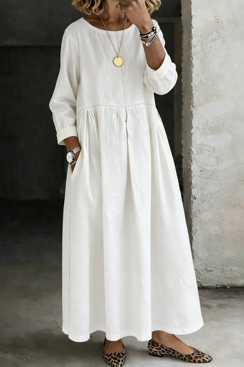 White Women's Denim Dress with Round Neck, Long Sleeves & Relaxed Fit