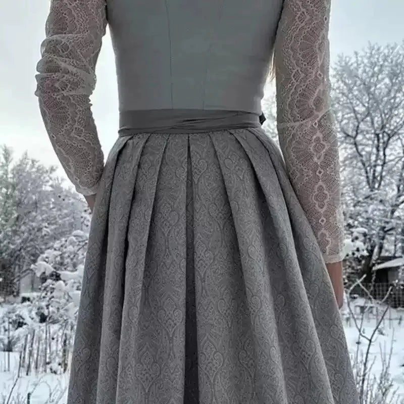 Silver Women's Dirndl Dress with Lace Sleeves & Relaxed Belted Waist - Back Pleated Skirt