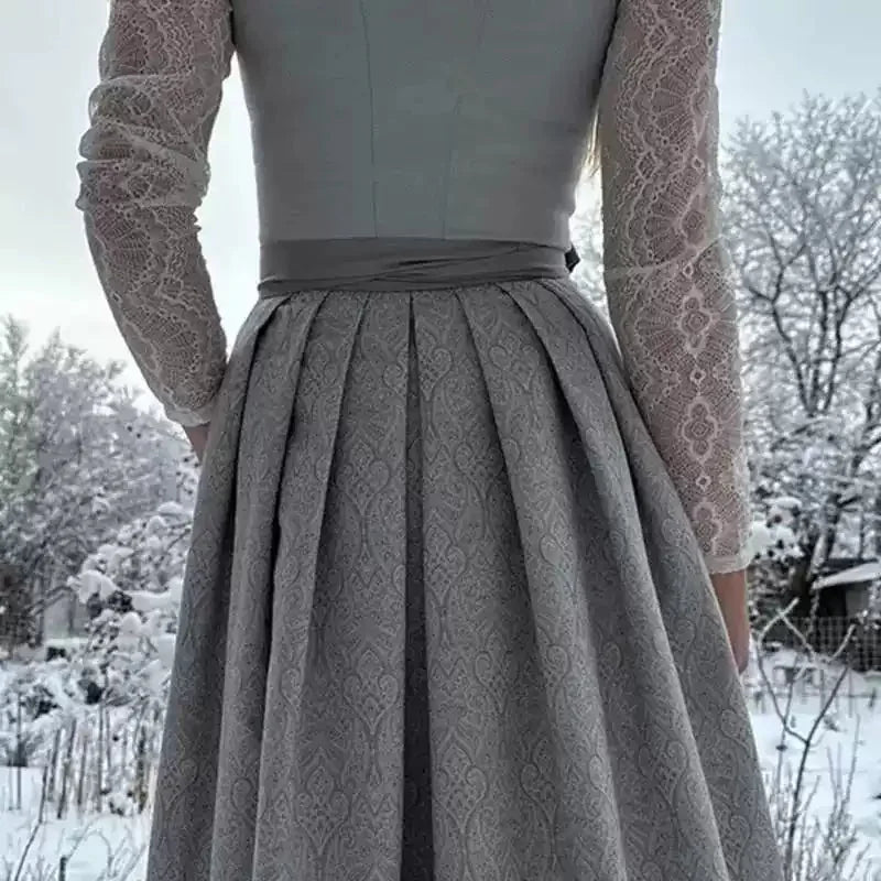 Silver Women's Dirndl Dress with Lace Sleeves & Relaxed Belted Waist - Back Skirt Close
