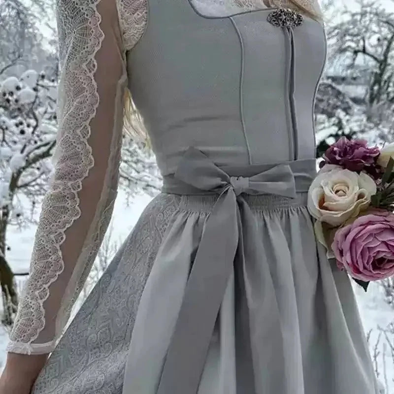 Silver Women's Dirndl Dress with Lace Sleeves & Relaxed Belted Waist - Bodice Close Front
