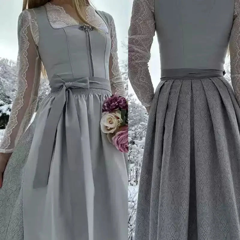 Silver Women's Dirndl Dress with Lace Sleeves & Relaxed Belted Waist - Collage Detail View