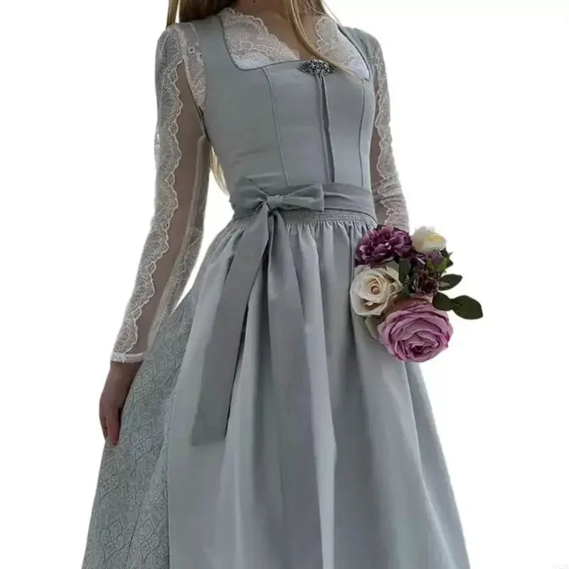 Silver Women's Dirndl Dress with Lace Sleeves & Relaxed Belted Waist - Studio Front Full