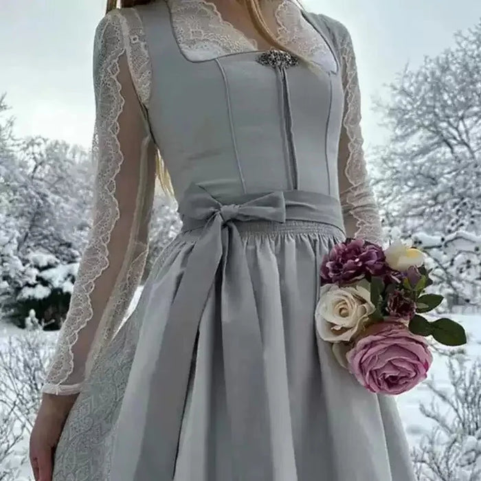 Silver Women's Dirndl Dress with Lace Sleeves & Relaxed Belted Waist
