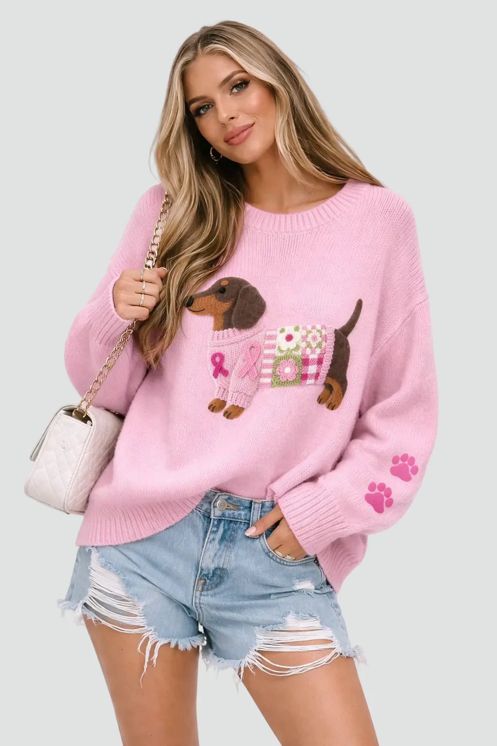 Pink Women's Printed Sweater with Embroidered Dog Motif & Relaxed Fit - Worn Lifestyle