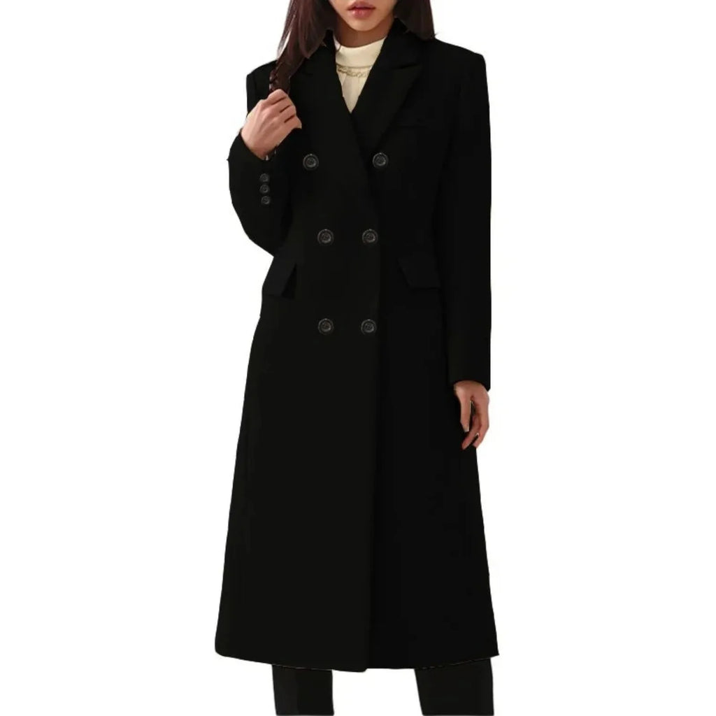 Black Women's Double-Breasted Long Coat with Notched Collar & Flap Pockets