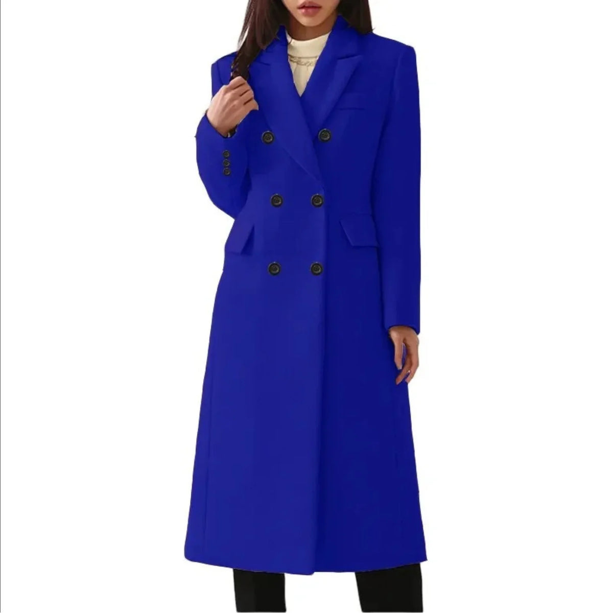 Blue Women's Double-Breasted Long Coat with Notched Collar & Flap Pockets