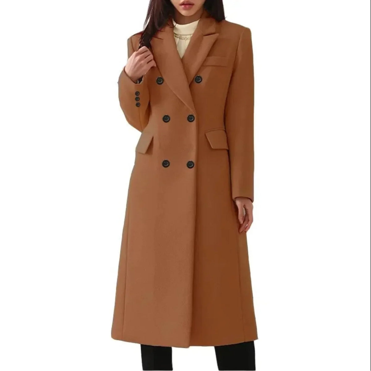 Dark Brown Women's Double-Breasted Long Coat with Notched Collar & Flap Pockets