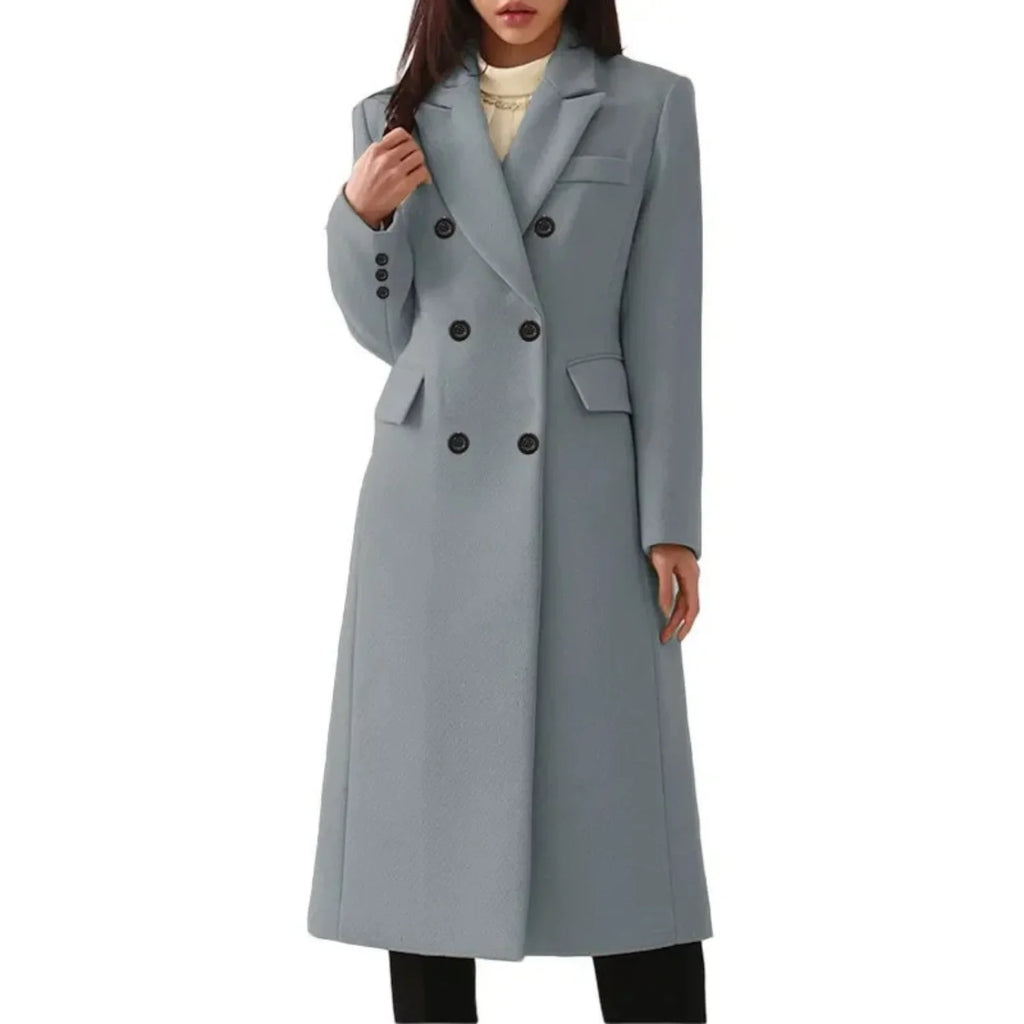 Grey Women's Double-Breasted Long Coat with Notched Collar & Flap Pockets