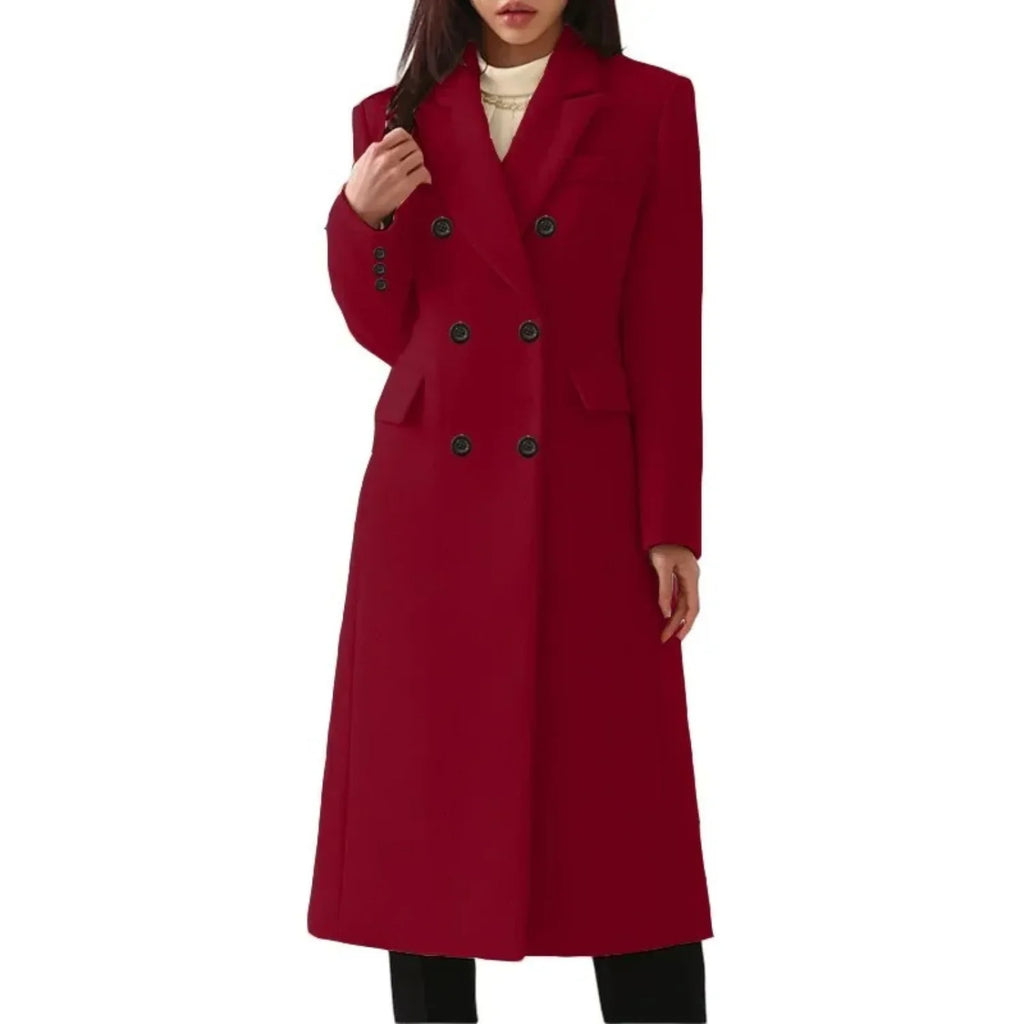 Red Women's Double-Breasted Long Coat with Notched Collar & Flap Pockets