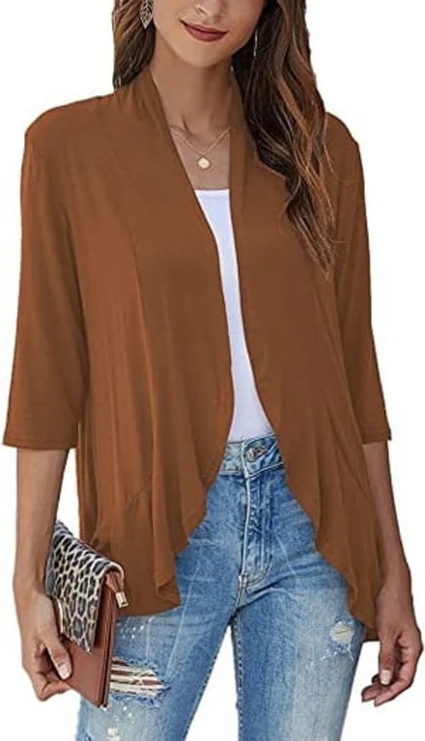 Brown Women's Lightweight Draped Cardigan with Breathable Stretch Fabric