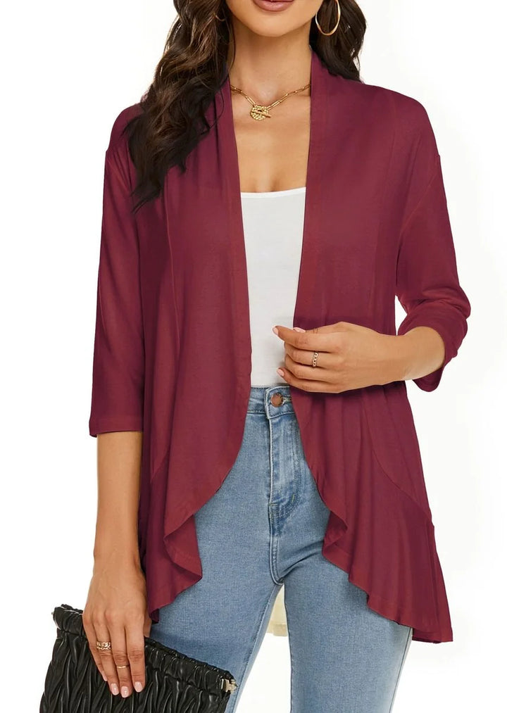 Burgundy Women's Lightweight Draped Cardigan with Breathable Stretch Fabric