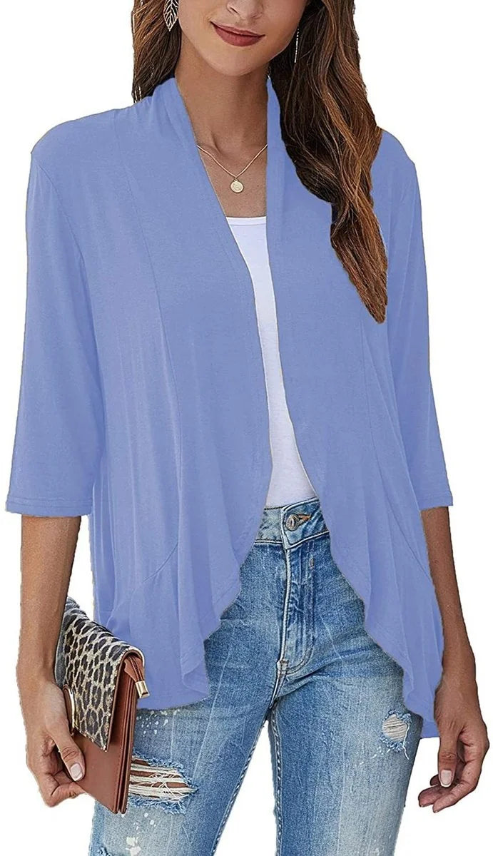 Light Blue Women's Lightweight Draped Cardigan with Breathable Stretch Fabric