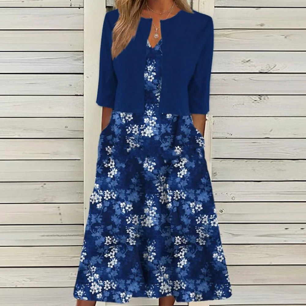 Dark Blue Women's Floral Dress Set with Cropped Cardigan & Pockets — Constance - Front Pose