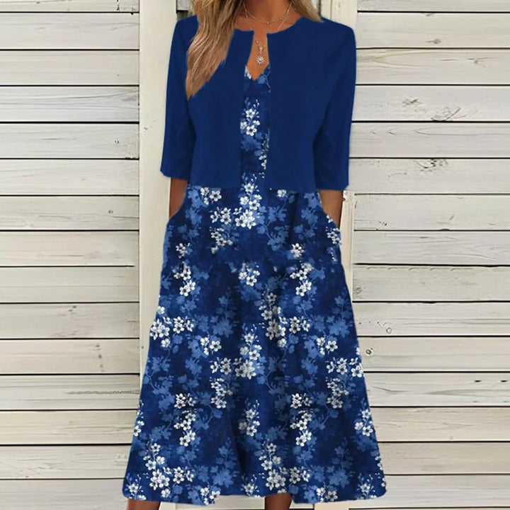 Dark Blue Women's Floral Dress Set with Cropped Cardigan & Pockets — Constance - Front Pose