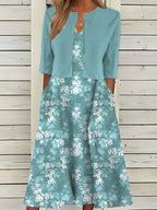 Light Green Women's Floral Dress Set with Cropped Cardigan & Pockets — Constance - Front Detail