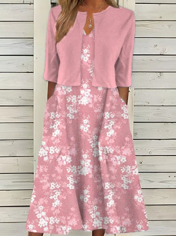 Pink Women's Floral Dress Set with Cropped Cardigan & Pockets — Constance