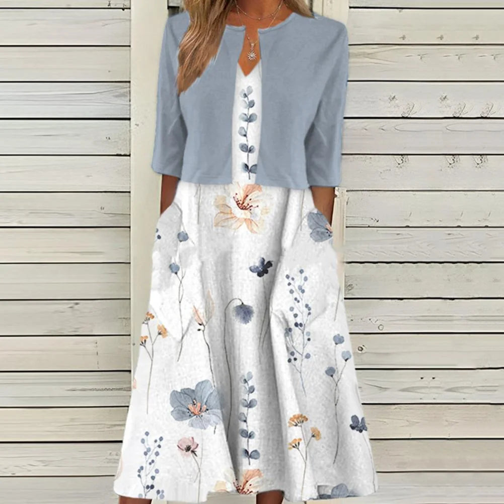 White Women's Floral Dress Set with Cropped Cardigan & Pockets — Constance