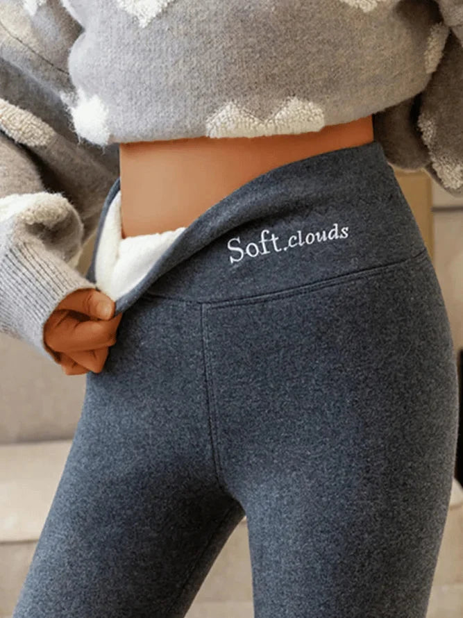 Dark Grey Women's Fleece Leggings with Fold-Over High-Waist Design