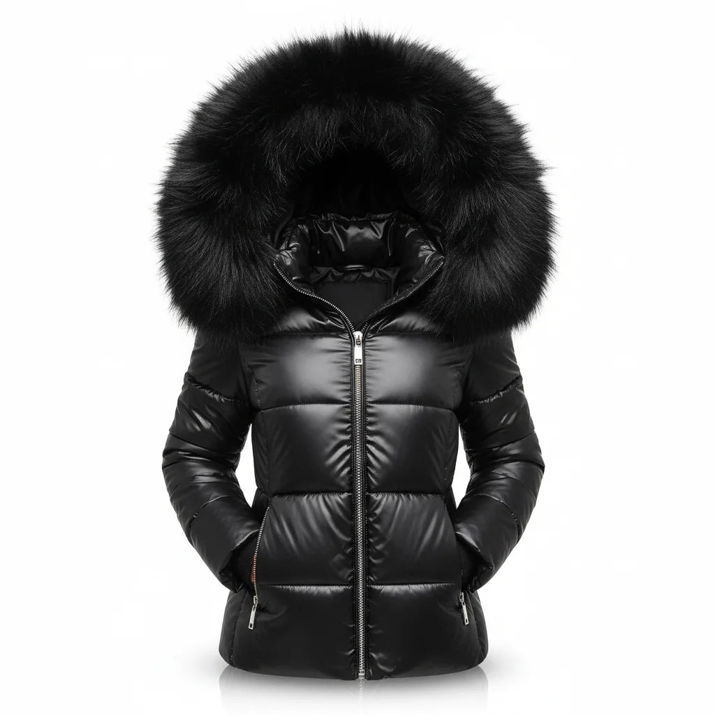 Black Women's Faux Fur Hooded Puffer Jacket with Insulated Warmth & Side Pockets