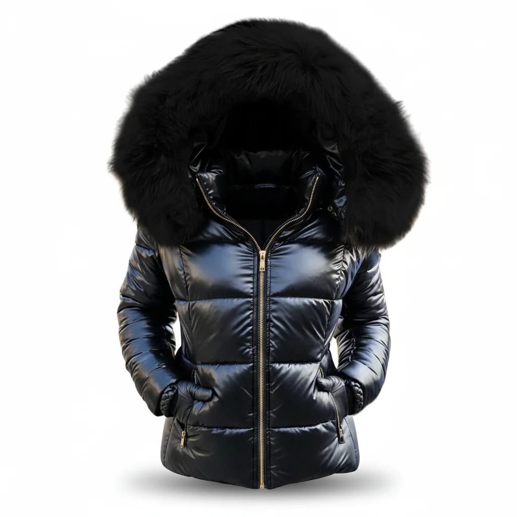 Women's Faux Fur Hooded Puffer Jacket with Insulated Warmth & Side Pockets - Front Full Dark
