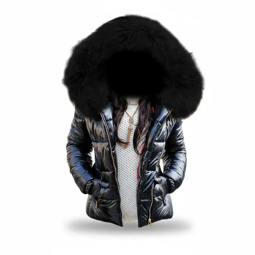 Women's Faux Fur Hooded Puffer Jacket with Insulated Warmth & Side Pockets - Front Hood Close