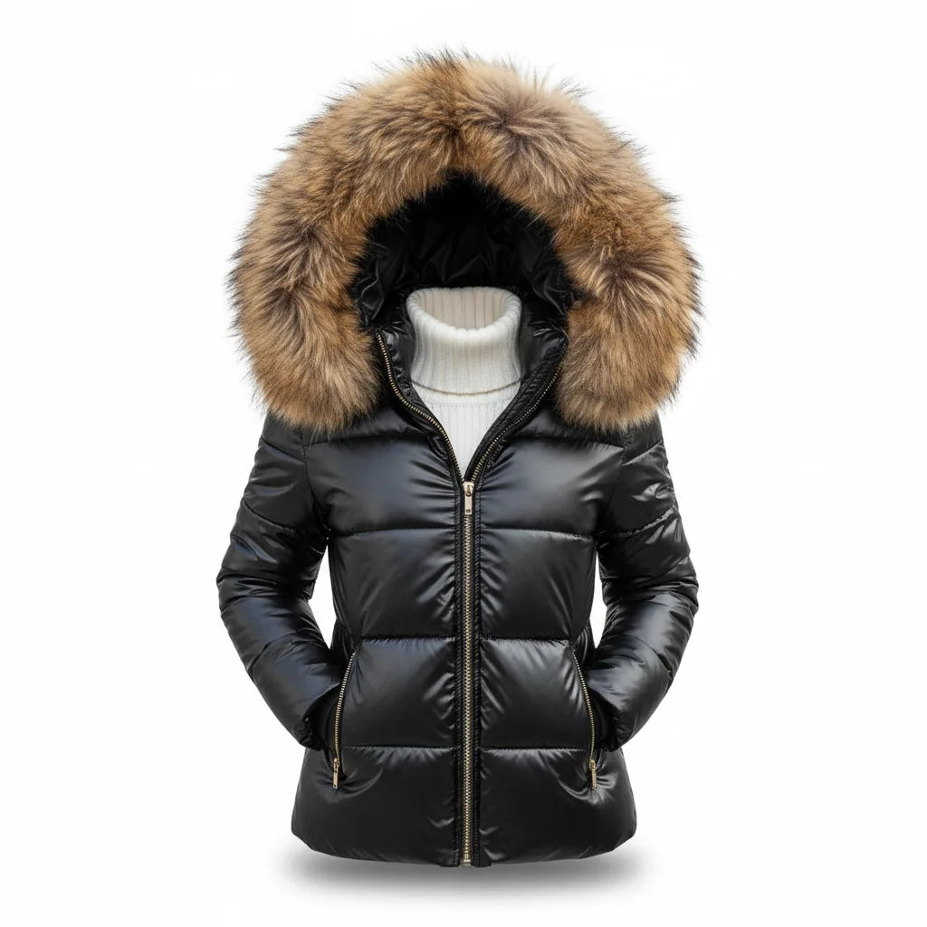Black with Brown Hood Women's Faux Fur Hooded Puffer Jacket with Insulated Warmth & Side Pockets - Front Full Sweater
