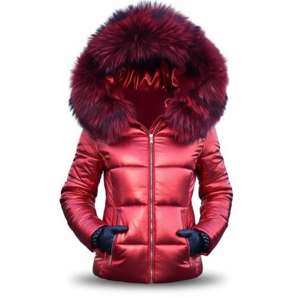Women's Faux Fur Hooded Puffer Jacket with Insulated Warmth & Side Pockets - Front Full Studio
