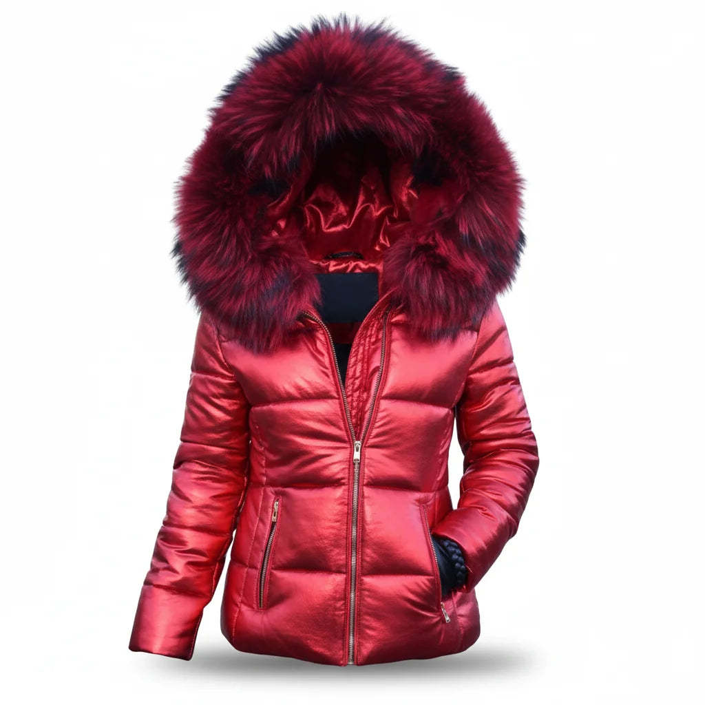 Red Women's Faux Fur Hooded Puffer Jacket with Insulated Warmth & Side Pockets