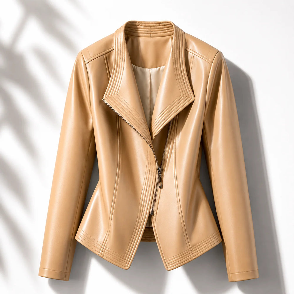 Apricot Women's Faux Leather Jacket with Asymmetric Zip & Wide Lapel Collar